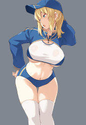 Rule 34 | 1girl, arm behind head, artoria pendragon (fate), baseball cap, blonde hair, blue eyes, blue hat, blue shorts, breasts, crop top, fate/grand order, fate (series), grey background, hand on own hip, hat, highres, huge breasts, long sleeves, looking to the side, midriff, mysterious heroine x (fate), mysterious heroine xx (fate), nakamura yukitoshi, navel, open mouth, over-kneehighs, ponytail, short shorts, shorts, shrug (clothing), sidelocks, simple background, solo, standing, thighhighs, underboob, white thighhighs, zipper pull tab