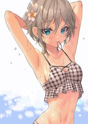 Rule 34 | 1girl, anastasia (idolmaster), armpits, arms behind head, arms up, bare arms, bikini, blue eyes, breasts, cleavage, collarbone, earrings, flower, frills, grey hair, hair between eyes, hair flower, hair ornament, hair tie, hair tie in mouth, highres, idolmaster, idolmaster cinderella girls, jewelry, light blush, looking at viewer, mouth hold, navel, rum raisin (chihiromakita19), short hair, simple background, sleeveless, small breasts, solo, striped bikini, striped clothes, swimsuit, tankini, upper body, water, wet, white background, white flower