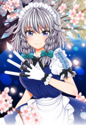 Rule 34 | 1girl, apron, between fingers, black bow, black bowtie, blue background, blue eyes, bow, bowtie, braid, cherry blossoms, cowboy shot, evening, frilled sleeves, frills, gloves, highres, holding, holding knife, izayoi sakuya, knife, knives between fingers, looking at viewer, maid apron, maid headdress, petals, puffy short sleeves, puffy sleeves, short sleeves, silver hair, smile, solo, touhou, tree, twin braids, waist apron, white gloves, yuricyan