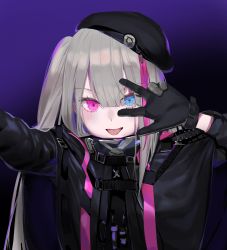 Rule 34 | 1girl, :p, arm up, bad id, bad pixiv id, beret, black gloves, black hat, blue eyes, blunt bangs, buckle, girls&#039; frontline, gloves, gradient background, grey hair, hair between eyes, hair over shoulder, hat, heterochromia, highres, jacket, long hair, long sleeves, looking at viewer, mdr (girls&#039; frontline), multicolored hair, one side up, open clothes, open jacket, open mouth, pink eyes, pink hair, purple background, quarter 1404, reaching, reaching towards viewer, selfie, side ponytail, sidelocks, smile, solo, strap, streaked hair, tongue, tongue out, upper body, w, w over eye