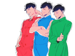 Rule 34 | 10s, 3boys, arm behind head, black hair, brothers, changpao, chinese clothes, closed eyes, crossed arms, denzou (50021106), hand in pants, male focus, matsuno choromatsu, matsuno karamatsu, matsuno osomatsu, multiple boys, osomatsu-kun, osomatsu-san, osomatsu (series), siblings, simple background, sleeveless, smile, sweatdrop, tangzhuang, white background