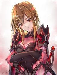 Rule 34 | 1girl, absurdres, armor, artist name, black gloves, breasts, clear glass (mildmild1311), cleavage, cleavage cutout, clothing cutout, collarbone, crossed arms, elbow gloves, fire emblem, fire emblem: genealogy of the holy war, gloves, highres, lachesis (fire emblem), looking at viewer, medium breasts, nintendo, official alternate costume, red eyes, serious, sheath, sheathed, short sleeves, shoulder armor, signature, solo, sword, tight clothes, upper body, weapon
