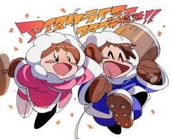 Rule 34 | 1boy, 1girl, ^ ^, black eyes, blush stickers, brown gloves, brown hair, celebration, confetti, closed eyes, gloves, home (houmei), ice climber, mallet, nana (ice climber), open mouth, parka, popo (ice climber), rope, simple background, smile, spiked boots, super smash bros., tearing up, white background