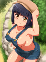 Rule 34 | 1girl, anime coloring, black hair, blush, breasts, brown eyes, bush, cabbie hat, capitan (tsyoujo), cleavage, collarbone, day, from above, hand on headwear, hat, highres, looking at viewer, looking up, medium breasts, naked overalls, no bra, original, outdoors, overalls, short hair, sitting, smile, solo, strap gap