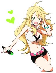 Rule 34 | 1girl, belt, blonde hair, breasts, cleavage, crop top, green eyes, heart, hinabu, hoshii miki, idolmaster, idolmaster (classic), long hair, looking at viewer, microphone, midriff, nail polish, navel, open mouth, short shorts, shorts, simple background, smile, solo, white background