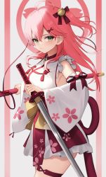 Rule 34 | 1girl, ahoge, bell, closed mouth, cowboy shot, detached sleeves, floral print, green eyes, hair bell, hair between eyes, hair ornament, highres, holding, holding sword, holding weapon, hololive, jingle bell, long hair, long sleeves, looking at viewer, one side up, pink hair, red skirt, rope, sakura miko, sakura miko (1st costume), sheath, sheathed, shirt, skirt, solo, standing, sword, thigh strap, thomas 8000, virtual youtuber, weapon, white shirt, x hair ornament