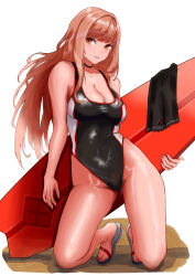 Rule 34 | 1girl, absurdres, black one-piece swimsuit, black towel, blush, breasts, brown hair, cleavage, competition swimsuit, curvy, from below, frown, full body, gluteal fold, goddess of victory: nikke, highleg, highleg swimsuit, highres, kneeling, large breasts, long hair, looking at viewer, multicolored clothes, multicolored swimsuit, official alternate costume, one-piece swimsuit, ramuneogura, rapi (classic vacation) (nikke), rapi (nikke), red eyes, sandals, shiny skin, sideboob, simple background, solo, surfboard, swimsuit, two-tone swimsuit, white background, white one-piece swimsuit, wide hips