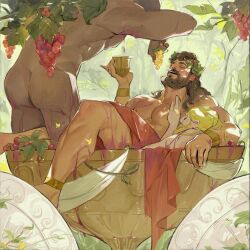 Rule 34 | ancient greek clothes, anklet, ass, bara, blonde hair, brown hair, cup, dark-skinned male, dark skin, drinking glass, feeding, food, fruit, grape juice, grapes, greco-roman clothes, hand on another&#039;s chest, highres, jewelry, jinhallz, juice, laurel crown, leaning forward, long hair, male focus, mature male, muscular, muscular male, original, overflowing, oversized object, pectorals, plant, promotional art, sleeping, solo focus, standing, sunlight, thick eyebrows, thick thighs, thighs, topless male, vines, wine glass, yaoi
