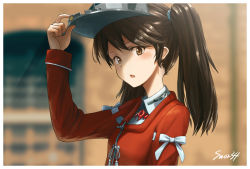 Rule 34 | 1girl, artist name, artist request, blurry foreground, brown eyes, brown hair, commentary request, hair tie, japanese clothes, kantai collection, kariginu, long hair, long sleeves, looking at viewer, magatama, open mouth, portrait, ribbon, ryuujou (kancolle), shirt, snor34, solo, twintails, upper body, visor cap, white ribbon, white shirt