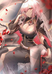 Rule 34 | 1girl, alcohol, black dress, black thighhighs, breasts, cleavage, cup, dress, drinking glass, highres, hololive, hololive english, large breasts, long hair, mori calliope, petals, pink hair, plant, red eyes, rose petals, scythe, see-through, see-through sleeves, sitting, thighhighs, veil, vines, virtual youtuber, weapon, weyas kayur, wine, wine glass