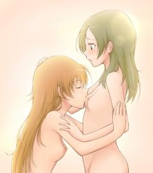 Rule 34 | 10s, 2girls, bad id, bad pixiv id, blush, breast sucking, breasts, brown hair, closed eyes, completely nude, couple, green eyes, houjou hibiki, light, long hair, minamino kanade, multiple girls, nipples, nude, ogry ching, open mouth, orange hair, precure, simple background, small breasts, standing, suite precure, volternative, yuri