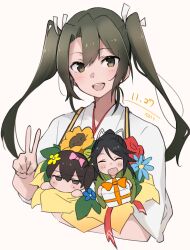 Rule 34 | 3girls, :d, ^ ^, black hair, bow, brown eyes, brown hair, chibi, closed eyes, dated, flower, green eyes, green hair, hair between eyes, hair bow, hair flower, hair ornament, hair ribbon, highres, japanese clothes, kaga (kancolle), kantai collection, katsuragi (kancolle), light blush, long hair, looking at viewer, ma rukan, miko, multiple girls, open mouth, pink bow, ribbon, side ponytail, simple background, smile, solo focus, twintails, v, white background, white ribbon, zuikaku (kancolle)