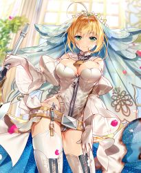 Rule 34 | 10s, 1girl, ahoge, asymmetrical legwear, belt, blonde hair, blurry, blush, bodysuit, breasts, bridal veil, chain, cleavage, closed mouth, cowboy shot, day, depth of field, detached collar, fate/extra, fate/extra ccc, fate/grand order, fate (series), flower, garter belt, garter straps, gloves, green eyes, hair intakes, hand on own thigh, highres, holding, holding sword, holding weapon, large breasts, leaning to the side, leotard, lock, looking at viewer, medium breasts, murakami yuichi, nero claudius (bride) (fate), nero claudius (bride) (second ascension) (fate), nero claudius (fate), nero claudius (fate) (all), nero claudius (fate/extra), outdoors, padlock, padlocked collar, petals, sidelocks, skindentation, smile, solo, standing, sword, thighhighs, thighs, uneven legwear, veil, waist cape, weapon, white gloves, white thighhighs, wide sleeves, wind, zipper