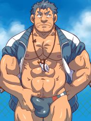 Rule 34 | 1boy, abs, bara, bare pectorals, beard, blue eyes, blue hair, blue male swimwear, bulge, crotch grab, erection, erection under clothes, facial hair, fins, fish boy, highres, jacket, jewelry, large pectorals, male focus, male swimwear, mature male, muscular, muscular male, navel, navel hair, necklace, nipples, open clothes, open jacket, pectorals, shell, shell necklace, shirako (kirupi), short hair, sideburns, sleeves rolled up, solo, stomach, stubble, swim briefs, thick thighs, thighs, tokyo houkago summoners, triton (housamo)