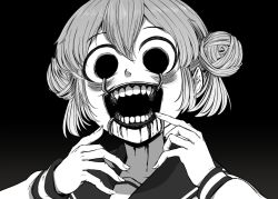 Rule 34 | 1girl, 4shi, black background, blood, blood on face, commentary request, dango-chan (4shi), dentures, double bun, greyscale, hair between eyes, hair bun, highres, hollow eyes, horror (theme), long sleeves, looking at viewer, monochrome, open mouth, original, portrait, school uniform, serafuku, short hair, simple background, solo