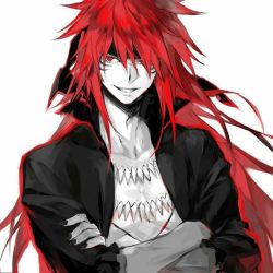 Rule 34 | 1boy, bandana, black bandana, demon, facial tattoo, grin, guy crimson, jacket, jewelry, long hair, looking to the side, necklace, red eyes, red hair, smile, tattoo, tensei shitara slime datta ken, tooth necklace