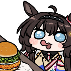 Rule 34 | 1girl, ahoge, animal ears, blue eyes, brown hair, burger, chibi, chicken sandwich, commentary, ear ornament, food, food focus, grace (kor) (racehorse), horse ears, horse girl, jazz jack, lettuce, licking lips, long hair, looking at food, lowres, meme, necktie, open mouth, simple background, solo, sparkling eyes, tongue, tongue out, umamusume, upper body, white background
