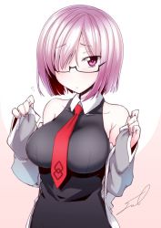 Rule 34 | 1girl, :/, artist name, beige background, between breasts, black-framed eyewear, black dress, blush, breasts, closed mouth, clothes pull, commentary request, dress, fate/grand order, fate (series), flying sweatdrops, fue (rhomphair), glasses, hair over one eye, hands up, large breasts, looking at viewer, mash kyrielight, necktie, necktie between breasts, pink hair, purple eyes, raised eyebrows, semi-rimless eyewear, short hair, signature, sleeveless, sleeveless dress, sleeves past wrists, solo, sweater, sweater pull, tsurime, two-tone background, upper body, white background