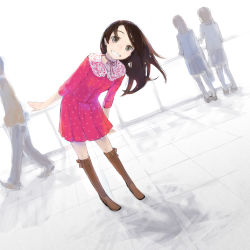 Rule 34 | 1girl, bad id, bad pixiv id, black hair, boots, brown eyes, brown hair, casual, character request, dress, dutch angle, grin, highres, leaning forward, long hair, nimirom, polka dot, road, school uniform, smile, solo focus, street