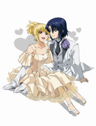 Rule 34 | 1boy, 1girl, artist name, athrun zala, blonde hair, blue hair, cagalli yula athha, couple, dress, flower, formal, fumiko (mesushi), green eyes, gundam, gundam seed, gundam seed freedom, hand on another&#039;s waist, heart, high heels, looking at another, short hair, sitting, smile, suit, tailcoat, waistcoat, white background, white footwear, white suit, yellow dress, yellow eyes