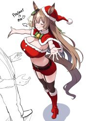 Rule 34 | 1girl, alternate costume, animal ears, blush, breasts, brown hair, cleavage, closed eyes, closed mouth, commentary request, english text, hat, herohero (higashi no dou), highres, horse girl, incoming hug, large breasts, navel, outstretched arms, santa costume, santa hat, satono diamond (umamusume), shoes, shorts, simple background, smile, solo focus, spread arms, sweat, thighhighs, umamusume, white background, your present is me