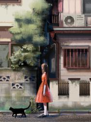 Rule 34 | 1girl, air conditioner, alley, animal, black cat, black footwear, brown hair, building, cat, commentary request, day, dress, from side, fuwata, highres, long hair, looking away, original, outdoors, red dress, road, scenery, standing, street, wide shot