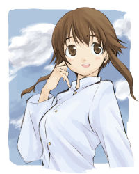 Rule 34 | 1girl, artist request, blush, brown eyes, brown hair, cloud, day, dress shirt, hair flip, junko takei, looking back, non-web source, shirt, sidelocks, sky, smile, solo, strike witches, strike witches: kurenai no majo-tachi, takei junko, world witches series