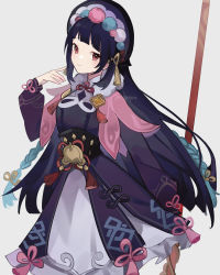 Rule 34 | 1girl, absurdres, blue hair, closed mouth, commentary, cowboy shot, dress, genshin impact, grey background, hand up, highres, holding, holding weapon, long hair, long sleeves, looking at viewer, purple dress, purple headwear, red eyes, rippajun, simple background, smile, solo, tassel, twitter username, vision (genshin impact), weapon, yun jin (genshin impact)