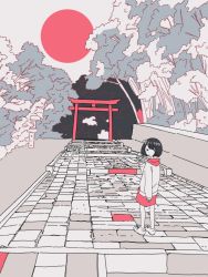 Rule 34 | 1girl, baggy clothes, black hair, cobblestone, commentary, fingers together, forest, hand up, hood, jacket, lantern, looking back, minimalism, mitsuki sanagi, nature, original, red skirt, shoes, short hair, skirt, sky, solo, stairs, standing, stone lantern, torii, tree, wall, white sky