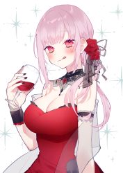 Rule 34 | 1girl, absurdres, arm strap, black choker, black nails, blush, breasts, chiyomaru (yumichiyo0606), choker, cleavage, closed mouth, commentary, cup, detached collar, dress, drinking glass, flower, hair flower, hair ornament, hair ribbon, highres, holding, holding cup, hololive, hololive english, lace-trimmed choker, lace trim, large breasts, licking lips, long hair, looking at viewer, mori calliope, mori calliope (party dress), nail polish, off-shoulder dress, off shoulder, official alternate costume, pink hair, ponytail, red dress, red eyes, red wine, ribbon, rose, sash, see-through, sidelocks, simple background, sleeveless, sleeveless dress, smile, solo, strapless, strapless dress, symbol-only commentary, tongue, tongue out, upper body, virtual youtuber, white background, wine glass, wrist cuffs