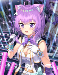 Rule 34 | 1girl, ahoge, animal ears, bare arms, bare shoulders, belt, breasts, cat ears, cleavage, gloves, glowstick, gold trim, hand on own chest, hands up, highres, holding, hololive, idol, lu b, medium breasts, microphone, nekomata okayu, open mouth, purple eyes, purple hair, shirt, sleeveless, sleeveless shirt, smile, solo, spotlight, upper body, virtual youtuber, white gloves, white shirt
