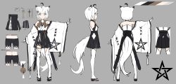 Rule 34 | 1girl, absurdres, ahoge, animal ears, bike shorts, bike shorts under shorts, black hakama, black skirt, bow, bowtie, brown bow, brown bowtie, character sheet, closed mouth, concept art, copyright request, detached sleeves, fox ears, fox tail, grey background, grey eyes, hakama, hakama short skirt, hakama skirt, highres, japanese clothes, long sleeves, looking at viewer, medium hair, miniskirt, multicolored hair, multiple views, nagishiro mito, outstretched arms, pleated skirt, sandals, shorts, simple background, skirt, smile, spread arms, streaked hair, tabi, tail, thighhighs, translation request, white hair, white thighhighs, wide sleeves