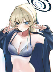 Rule 34 | 1girl, akihoop, alternate costume, blonde hair, blue archive, blue bow, blue bra, blue coat, blue eyes, blue halo, blue nails, bow, bra, braid, coat, collarbone, crossed bangs, double v, hair bow, half up braid, halo, hands up, light blush, long hair, looking at viewer, multicolored hair, navel, open clothes, open coat, raised eyebrow, sidelocks, simple background, single off shoulder, streaked hair, toki (blue archive), underwear, upper body, v, white background