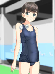 Rule 34 | 1girl, black hair, blue one-piece swimsuit, blurry, collarbone, commentary request, cowboy shot, depth of field, flat chest, green eyes, highres, low ponytail, old school swimsuit, one-piece swimsuit, original, ponytail, school swimsuit, short hair, solo, standing, unworn swim cap, swimsuit, takafumi