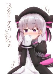 Rule 34 | 1girl, absurdres, apron, beret, black bow, black dress, black gloves, black hat, blush, bow, braid, commentary request, doll joints, dress, elbow gloves, fate/extra, fate (series), frilled sleeves, frills, gloves, gothic lolita, grey hair, hair between eyes, hair bow, hands up, hat, highres, holding, joints, lolita fashion, long hair, low twintails, nose blush, nursery rhyme (fate), puffy short sleeves, puffy sleeves, purple eyes, short sleeves, simple background, smelling, solo, striped bow, translation request, twin braids, twintails, very long hair, white apron, white background, yuya090602