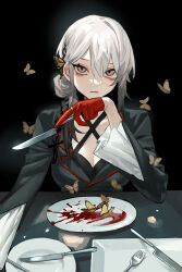 Rule 34 | 1girl, absurdres, black background, black jacket, blood, blood on plate, breasts, bug, butterfly, butterfly hair ornament, cleavage, closed mouth, commentary, english commentary, expressionless, fork, gloves, grey eyes, hair between eyes, hair bun, hair ornament, highres, holding, holding knife, insect, jacket, jewelry, knife, long sleeves, looking at viewer, medium breasts, original, plate, red gloves, ring, sitting, solo, strap, table, temu (tem27), upper body, white hair