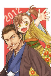 Rule 34 | 10s, 1boy, 1girl, 2012, :d, blue eyes, brown hair, cheek pull, green eyes, japanese clothes, kimono, open mouth, original, outstretched arm, piggyback, side ponytail, smile, sweatdrop, wink, yuuryuu nagare