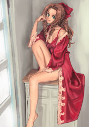 Rule 34 | 1girl, aerith gainsborough, alternate costume, barefoot, bow, breasts, brown hair, cleavage, dress, feet, final fantasy, final fantasy vii, final fantasy vii remake, full body, green eyes, hair bow, hand on own face, hendric (gsyv3424), highres, indoors, lingerie, long hair, looking at viewer, medium breasts, negligee, nightgown, parted bangs, ponytail, red bow, red dress, red nightgown, sidelocks, single bare shoulder, sitting, smile, solo, underwear, wavy hair, window