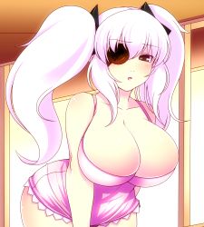 Rule 34 | 10s, 1girl, bad id, bad pixiv id, bare shoulders, blush, breasts, brown eyes, cleavage, curvy, dress, eyepatch, female focus, haseru (ginku mh), huge breasts, large breasts, leaning forward, long hair, long twintails, looking at viewer, open mouth, pink dress, red eyes, senran kagura, solo, standing, twintails, white hair, wide hips, yagyu (senran kagura)