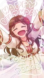 Rule 34 | 1girl, :d, ^ ^, ariura kanna, beige dress, breasts, brown hair, cleavage, closed eyes, collarbone, feather necklace, flower, hair flower, hair ornament, happy birthday, highres, idolmaster, idolmaster cinderella girls, jewelry, long hair, necklace, open mouth, outstretched arms, parted bangs, smile, solo, unyon