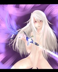 Rule 34 | 1girl, bad id, bad pixiv id, black maria, caliburn (fate), covering privates, fate/stay night, fate (series), female focus, highres, illyasviel von einzbern, letterboxed, long hair, nude, nude cover, red eyes, solo, sword, weapon, white hair