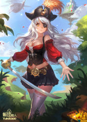 Rule 34 | 1girl, aircraft, airplane, bare shoulders, belt, breasts, cleavage, eyepatch, floating island, flying boat, frills, hat feather, long hair, looking at viewer, original, pirate, pleated skirt, sanpuu shiromizu, silver hair, skirt, smile, solo, standing, thighhighs, white thighhighs, wind, yellow eyes