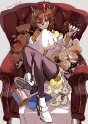 Rule 34 | 1girl, agnes tachyon (umamusume), ahoge, aiha-deko, animal ears, black pantyhose, black shirt, blush, book, brown hair, coat, coat partially removed, commentary request, cork, crossed legs, crown, dated, hair between eyes, happy birthday, high heels, highres, holding, holding test tube, horse ears, horse girl, horse tail, horseshoe, lab coat, long sleeves, open clothes, open coat, pantyhose, red eyes, shirt, short hair, sign, simple background, sleeves past fingers, sleeves past wrists, smile, solo, stuffed animal, stuffed toy, sweater, tail, test tube, twitter username, umamusume, white background, white coat, white footwear, yellow sweater