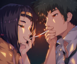 Rule 34 | 1boy, 1girl, a.x., black background, black neckwear, cigarette, cigarette kiss, closed mouth, collarbone, cowboy bebop, cropped, faye valentine, fingernails, green eyes, green hair, hairband, half-closed eyes, holding, holding cigarette, long fingernails, looking at another, necktie, purple hair, red eyes, short hair, smoking, spike spiegel, upper body, yellow hairband