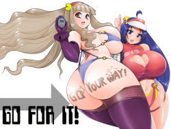 Rule 34 | 2girls, amano taiki, ass, bare shoulders, bikini, blue eyes, blue hair, body writing, breasts, brown eyes, chronometer, curvy, dig dug, elbow gloves, female focus, gloves, hair ornament, hat, hip focus, huge ass, huge breasts, idolmaster, idolmaster (classic), long hair, looking at viewer, looking back, miura azusa, multiple girls, namco, navel, open mouth, pac-man (game), pooka (dig dug), shijou takane, sideboob, silver hair, simple background, smile, stopwatch, swimsuit, thighhighs, thighs, thong, very long hair, watch, white background, wide hips
