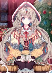 Rule 34 | 1girl, antenna hair, bad id, bad pixiv id, blush, book, book on lap, brown hair, christmas, christmas ornaments, christmas tree, closed mouth, gift, grey eyes, harin 0, indoors, long hair, looking at viewer, open book, original, pantyhose, sitting, solo, very long hair
