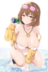 Rule 34 | 1girl, absurdres, anis (nikke), anis (sparkling summer) (nikke), areola slip, bikini, blush, breasts, brown hair, can, cleavage, commentary request, drink can, eyepatch bikini, eyewear on head, goddess of victory: nikke, hair between eyes, highres, holding, holding can, jacket, jacket partially removed, jewelry, large breasts, long sleeves, necklace, nesaku, open clothes, open jacket, open mouth, pink-tinted eyewear, pouring, pouring onto self, short hair, smile, soda can, solo, squatting, string bikini, sunglasses, swimsuit, teeth, thighs, tinted eyewear, water, white bikini, yellow jacket