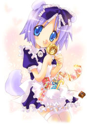 Rule 34 | 00s, 1girl, :p, = =, ahoge, animal ears, apron, blue eyes, bow, brown hair, candy, cowboy shot, dog ears, dog tail, dress, food, frilled bow, frills, gradient background, hair bow, head tilt, hiiragi tsukasa, lollipop, looking at viewer, lucky star, maid, mole, mole under eye, nyanmilla, pink hair, pocket, puffy short sleeves, puffy sleeves, purple bow, purple dress, short hair, short sleeves, solo, standing, tail, tareme, thighhighs, tongue, tongue out, white apron, white thighhighs, zettai ryouiki