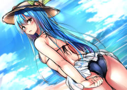 Rule 34 | 1girl, adjusting clothes, adjusting swimsuit, ass, bikini, blue hair, blue sky, breasts, brown eyes, cloud, cloudy sky, commentary request, cowboy shot, day, food, from behind, fruit, hair between eyes, hat, hinanawi tenshi, long hair, looking at viewer, outdoors, peach, sideboob, sketch, sky, small breasts, solo, string bikini, sun hat, swimsuit, touhou, very long hair, yuhito (ablbex)