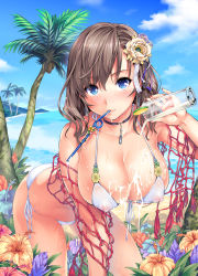 Rule 34 | 1girl, all fours, beach, bendy straw, bikini, blue eyes, breasts, brown hair, choker, cleavage, cloud, covered erect nipples, cup, day, drink, drinking straw, flower, food, front-tie top, fruit, hair flower, hair ornament, hibiscus, highres, hikapan, ichijou manami, large breasts, leaning forward, lime (fruit), lips, looking at viewer, menkui!, micro bikini, mouth hold, nipples, ocean, original, outdoors, palm tree, saeki shun, see-through, sexually suggestive, short hair, side-tie bikini bottom, sky, solo, spill, spilling, suggestive fluid, swimsuit, tosh (imonade ryouchou), tree, water, wet, white bikini